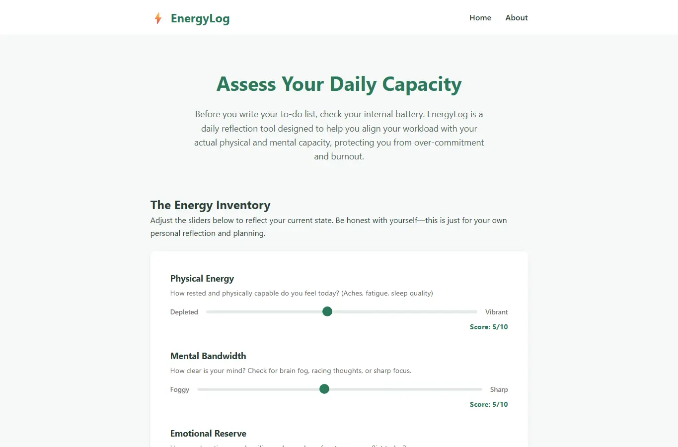 Screenshot of EnergyLog: Personal Capacity Check interface showing the project page in use